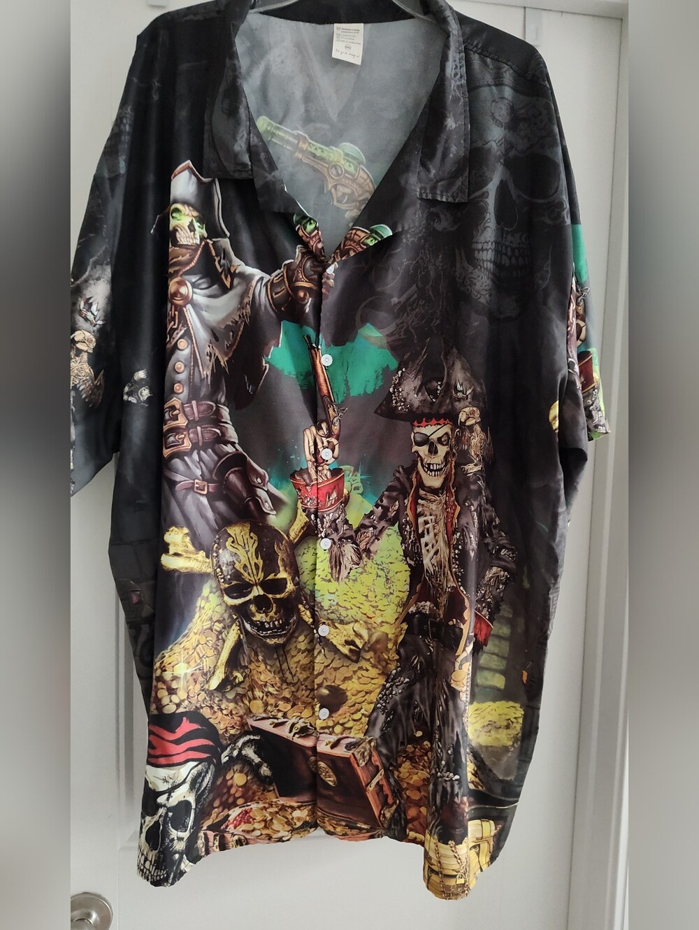 Men's Black Pirate Graphic Button-Up Shirt 5X